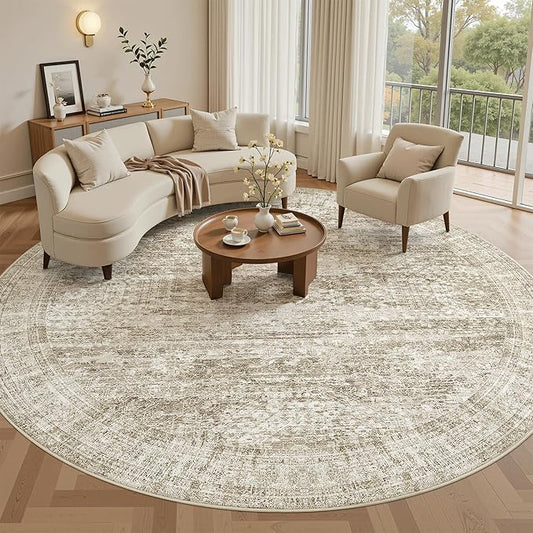 Soalmost 8x8 Brown Round Rug 8ft Living Room Circle Rug Vintage Round Area Rug Non Slip Indoor Carpet for Apartment