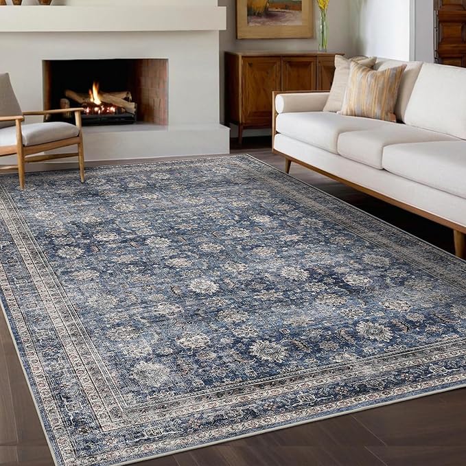 GarveeHome Vintage Rug 6x9 Floral Print Area Rug for Living Room Washable Non Slip Farmhouse Distressed Indoor Carpet Foldable Low Pile Soft Accent Throw Rug for Bedroom Home Nursery, Blue