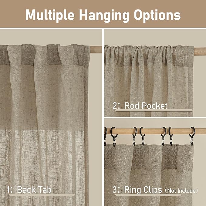 LAMIT 95 Inches Long Linen Curtains for Living Room, Back Tab and Rod Pocket Semi Sheer Curtains Light Filtering Farmhouse Drapes for Bedroom/Dining Room, Taupe, Set of 2, 52 x 95 Inch