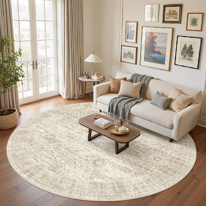Soalmost 8x8 Beige Round Rug 8ft Living Room Circle Rug Vintage Round Area Rug Non Slip Indoor Carpet for Apartment