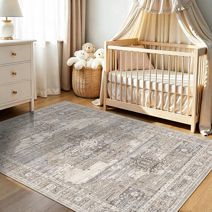 RUUGME Washable Area Rugs 5x6 - Vintage Distressed Rugs for Small Living Room Stain Resistant Non Slip Carpets for Bedroom/Dining Room/Laundry Room/Kitchen 5x6 Beige