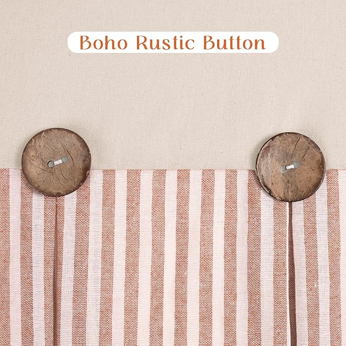 ASPMIZ Linen Kitchen Curtains 24 Inch Length, Farmhouse Boho Button Kitchen Window Curtain Over Sink, Orange Stripe Short Curtains for Small Windows, Bathroom, Rod Pocket Window Treatment Tiers