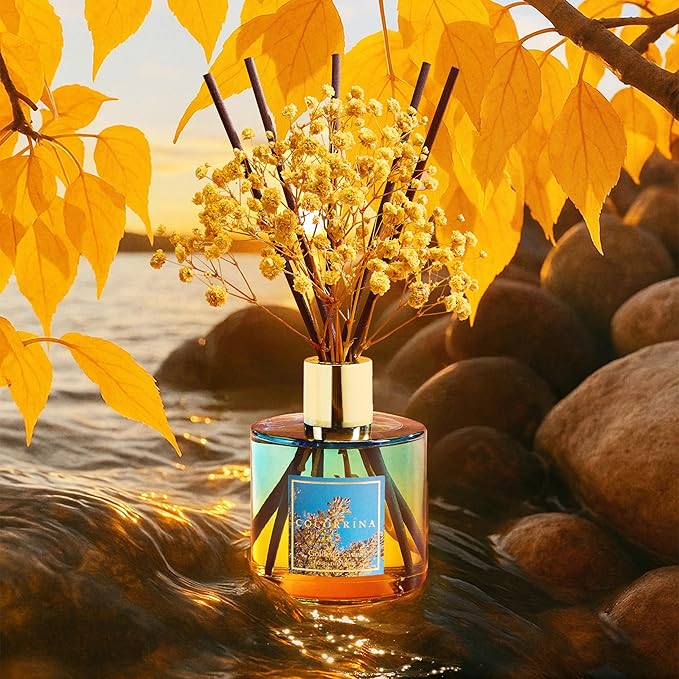 COCORR??NA Reed Diffuser - Golden Leaves Reed Diffuser Set with 8 Sticks & Preserved Baby's Breath, Reed Diffuser for Home Bathroom Shelf Decor
