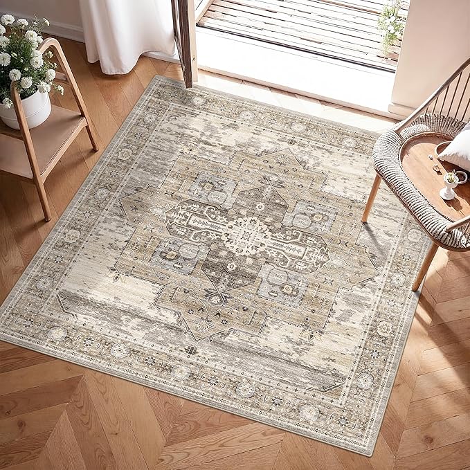RUUGME Soft 3x3 Rug Living Room - Throw Rugs for Bedroom Stain Resistant Carpet Vintage Tribal Rugs for Married Woman in Bedroom Kitchen with Non Slip Backing Home Decor 3x3 Beige