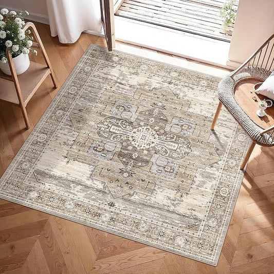 RUUGME Soft 3x3 Rug Living Room - Throw Rugs for Bedroom Stain Resistant Carpet Vintage Tribal Rugs for Married Woman in Bedroom Kitchen with Non Slip Backing Home Decor 3x3 Beige