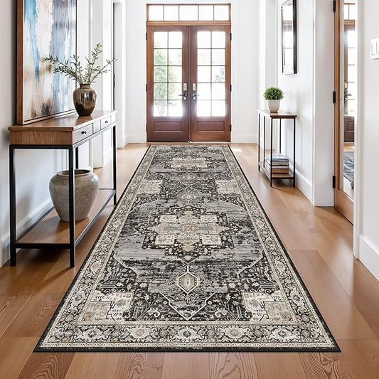RUUGME Oriental Hallway 4x10 Rug - Washable Runner Rug Soft Stain Resistant Carpet for Kitchen entryway Vintage Lightweight Ultra-Thin Rugs with Non Slip Backing for RV Owners&Van Lifers 4X10 Black