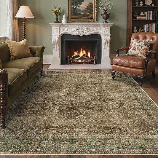 Bavni Area Rugs 8X10-Machine Washable Rug Lightweight Low Pile, Vintage Floral Rug Non-Shedding Distressed Throw Carpet for Living Room Bedroom Office, Green