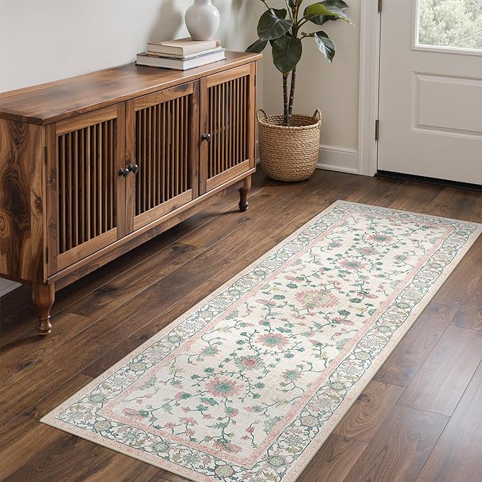 GENIMO Runner Rug for Hallways Machine Washable, 3x7 Non Slip Boho Vintage Lightweight Washable Runners, Thin Floor Rugs for Entryway Hallway Bathroom Laundry Room Corridor, Multi Pink