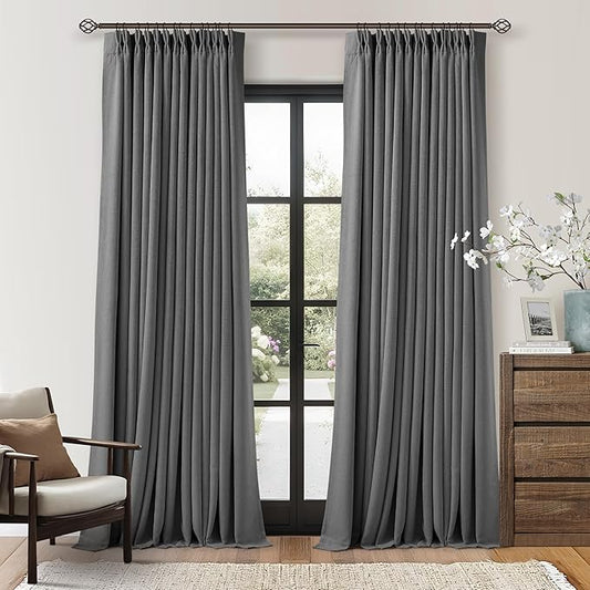 Dark Gray Linen Blackout Pleated 105 Inch Curtains for Living Room Darkening Pinch Pleat 100% Black Out Drapes Thermal Insulated Soundproof Charcoal Grey 105 Inch Curtain for Dining Bedroom