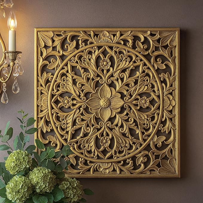 XIAOAIKA Boho Carved Wood Wall Sculpture, Intricate Floral Mandala Design with Distressed Gold Finish, Vintage Farmhouse Wall Art Panel with Solid Wood Frame for Bedroom Entryway (22" x 22")