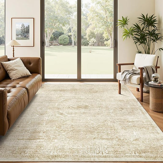 Soalmost 5x7 Area Rugs Beige Low Pile Indoor Washable Trendy Faded Style Floral Rugs for Bedroom Living Room Dining Room Foldable Non-Slip Thin Print Mat