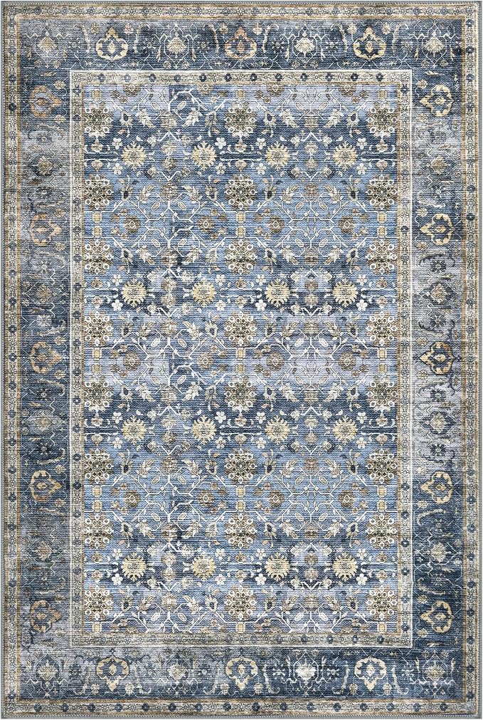 KUTA Vintage Floral 9x12 Area Rug, Blue Grey Beige Large Washable Rugs for Living Room Non Slip, Ultra Thin Soft Print Distressed Flower Low-Pile Traditional Carpet for Bedroom Dining Room Dorm Office
