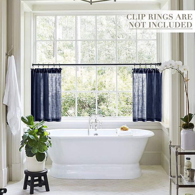 XTMYI Navy Blue Cafe Curtains for Kitchen Bathroom, 30 Inch Coastal Nautical Linen Textured Sheer Half Curtains for Small Windows