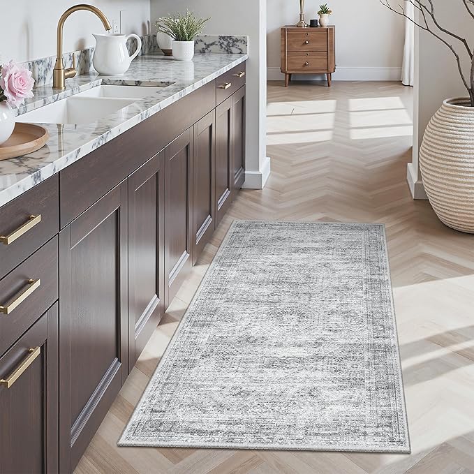 Soalmost 2x4 Washable Rugs for Kitchen, Floor, Entryway, Powder Room Small Area Rug Non-Slip Vintage Low Pile Throw Door Mat Grey