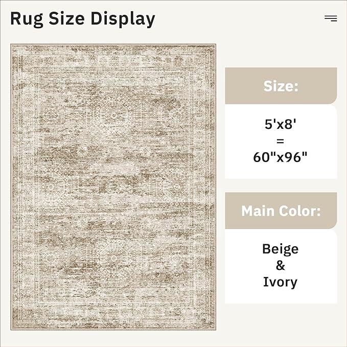 Soalmost 5x8 Area Rugs Brown Low Pile Indoor Washable Trendy Faded Style Rugs for Bedroom Living Room Dining Room Foldable Non-Slip Thin Print Home Office Mat