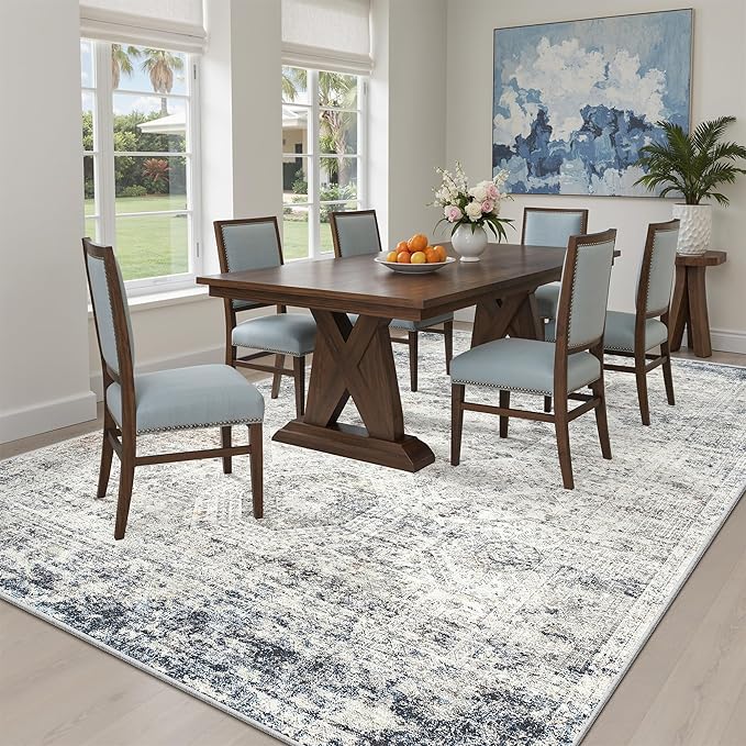 Soalmost 5x7 Area Rugs Blue Ivory Low Pile Indoor Washable Trendy Faded Style Rugs for Bedroom Living Room Dining Room Foldable Non-Slip Thin Print Mat