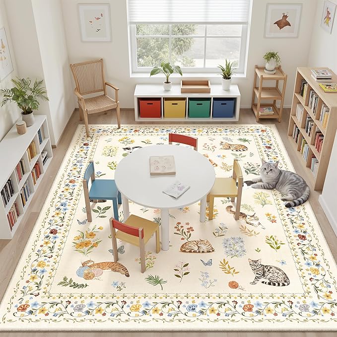 Soalmost Cat 8x10 Area Rugs for Living Room, Machine Washable Animal Floral Vintage Rug Non-Slip Low Pile Soft Throw Large Rugs for Bedroom Dining Room Kitchen Nursery Playroom (8 x 10,Beige)