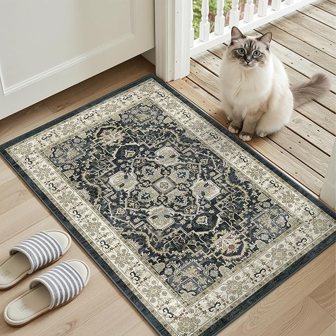Washable Entryway Runner Rug - 2x3 Kitchen Rug Distressed Low Pile Mats Non Slip Soft Rugs for Dining Room with Rubber Backing Bedroom Runner with Vintage Design (Black 2x3)