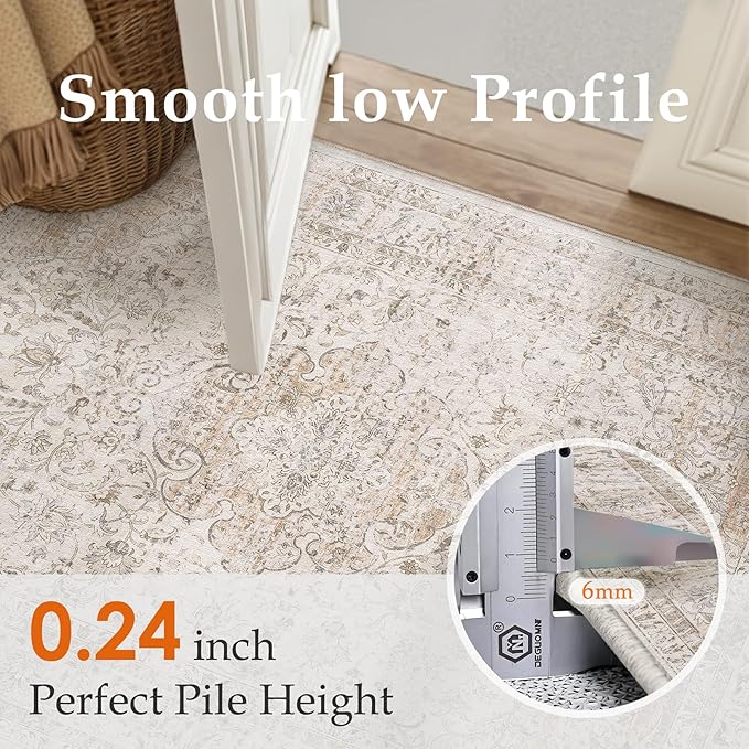 6x9 Washable Area Rug Beige Vintage Non Slip Soft Low Pile Rug for Living Room Bedroom Dining Room Office Distressed Oriental Indoor Throw Carpet for Home Decor