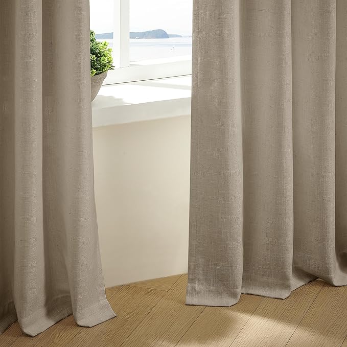 TWODRAPES Grey Beige Pinch Pleated Linen Curtains 92 Inches Long 2 Panels for Living Room Bedroom Memory Training Shaped Semi Sheer Pleat Drapes with Hooks Rings Light Filtering Window Curtain 40x92