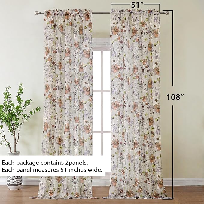 OWENIE Printed Sheer Curtains 108 Inches Extra Long 2 Panels Set, Sheer Floral Curtains Printing Drapes on Sheers for Living Room Bedroom, Rod Pocket Light Filtering Window Sheers 51" W x 108" L