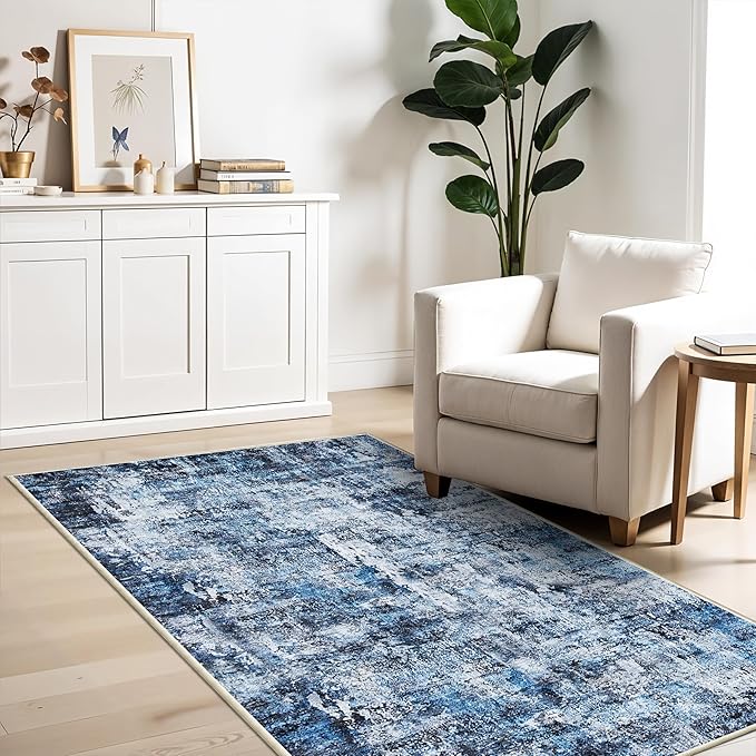 3x6 Washable Wide Runner Rug – Non-Slip Floor Carpet Runner for Kitchen Entryway Hallway Bathroom, Modern Abstract Low Pile Thin Area Rug (Navy Blue, 3x6)