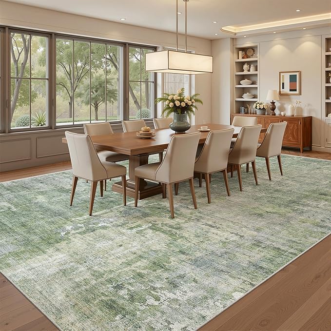 Soalmost Area Rug 10x12 Vintage Washable Living Room Large Carpet Non Slip Bedroom Indoor Office Dining Room Low Pile Thin Rug Green/Ivory