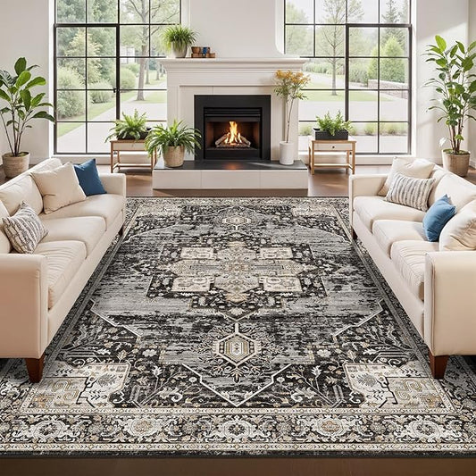 RUUGME Living Room 7x10 Area Rug : Washable Bedroom Rugs with Non Slip Rubber Backing Indoor Soft Stain Resistant Carpets for Dining Room Distressed Floor Decor Mat for Office Nursery 7x10 Black