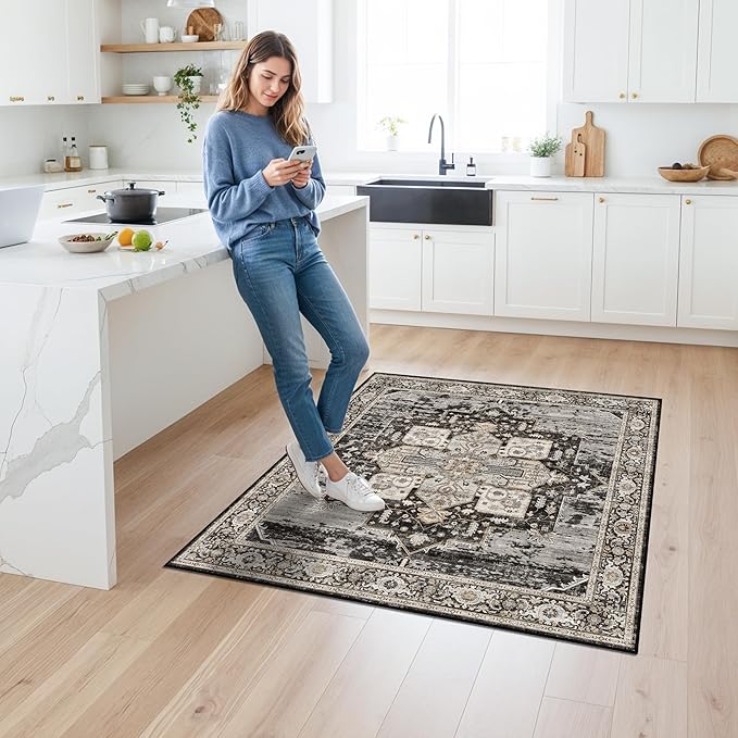 RUUGME Decorative 4x4 Rugs Square - Soft Area Rugs for Living Room Stain Resistant Vintage Ultra Thin Rugs for Bedroom Kitchen entryway with Non Slip Backing Home Decor 4x4 Black