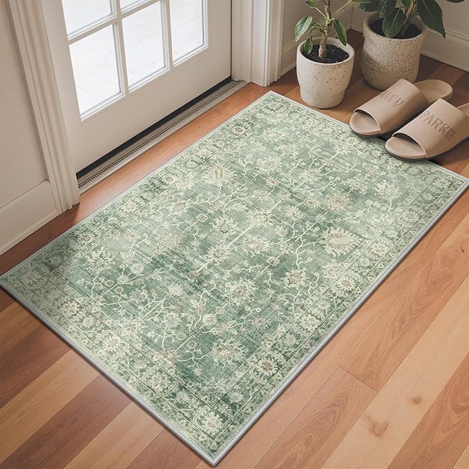 GENIMO Entryway Rug Floral Rug, 2x3 Washable Door Mat Non Slip, Thin Floor Rugs for Entryway Hallway Bathroom Laundry Room Corridor, Light Sage