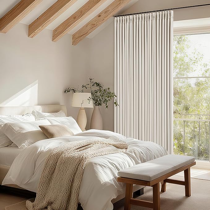 Pinch Pleated Blackout 90 Inch Bedroom Curtains 70 Inch Wide Linen Dual Layer Soundproof Farmhouse Window Curtains for Living Room Cream Natural Hooks Rings Back Tab 100% Black Out Drapes 1 Panel