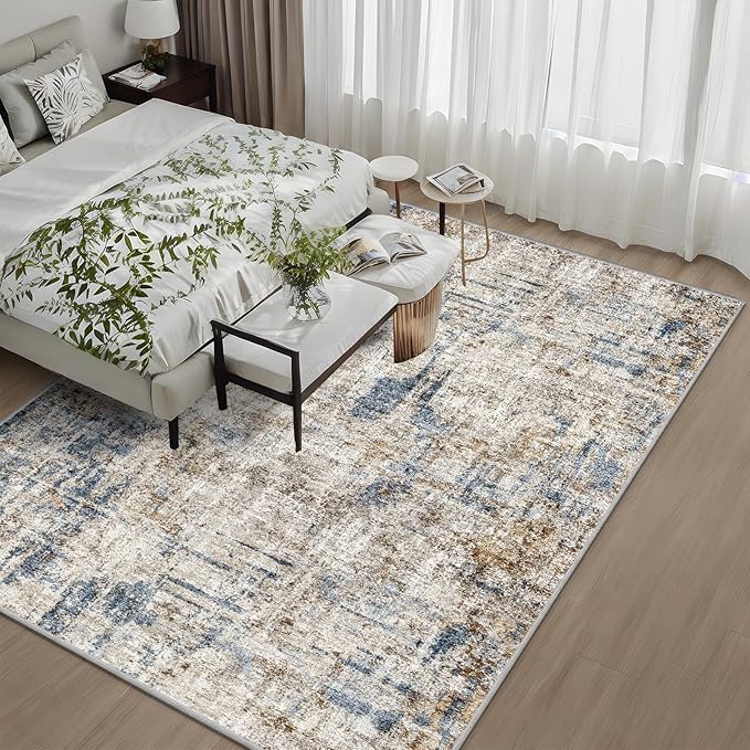 Washable 8x10 Area Rug – Modern Neutral Abstract Soft Non-Slip Stain-Resistant Low Pile Thin Carpet for Living Room Bedroom Dining Room Under Table Home Office(Blue Brown)