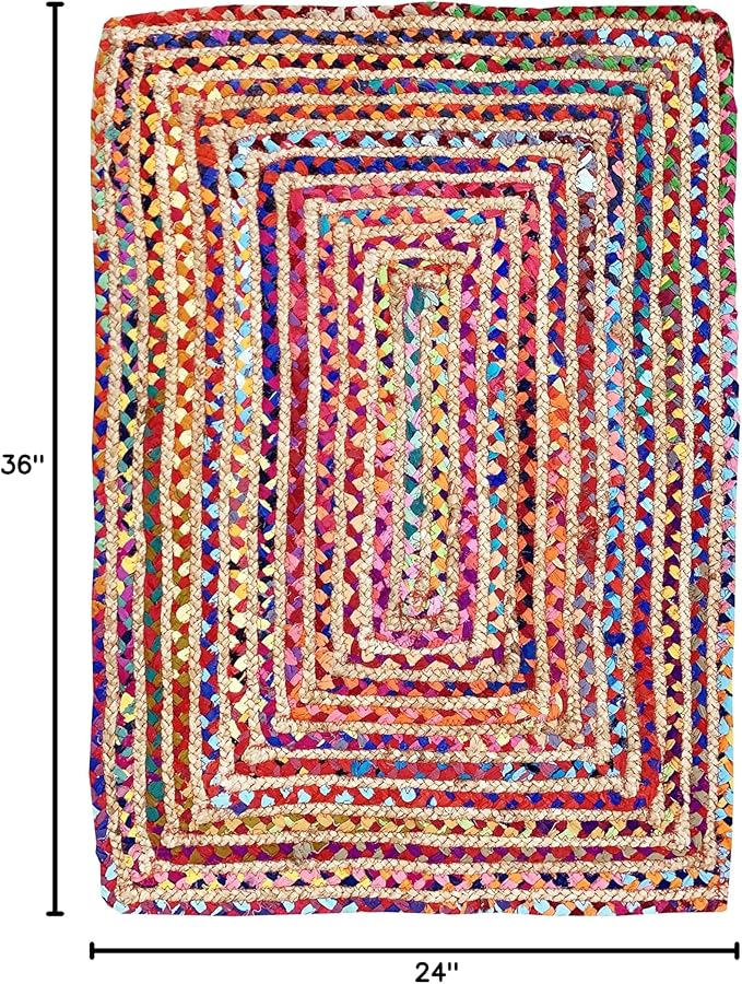 Jute Cotton Braided Rug, Multi Color - 2x3 Feet, Accent Reversible Hand Woven Doormat for Entryway, Kitchen, Living Room | Boho Rustic Floor Mat for Outdoor & Indoor Use - 24x36 Inches