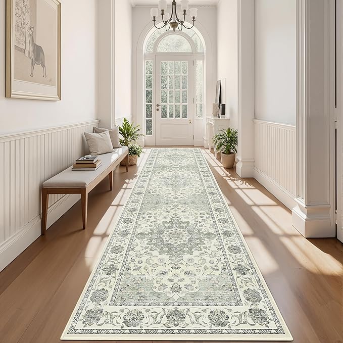 3x10 Non Slip Hallway Runner Rug - Washable Vintage Distressed Kitchen Carpet, Ultra-Thin Soft Low Pile Entryway Mat with Rubber Backing for Bedroom Living Room (Green)