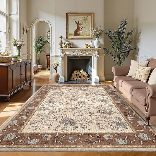 GarveeHome Large Area Rugs 9x12 for Living Room, Brown Washable Rug Soft Non Slip Backing Country Mat Carpet Indoor Botanical Floral Rug for Bedroom Dining Room Playroom Nursery Room