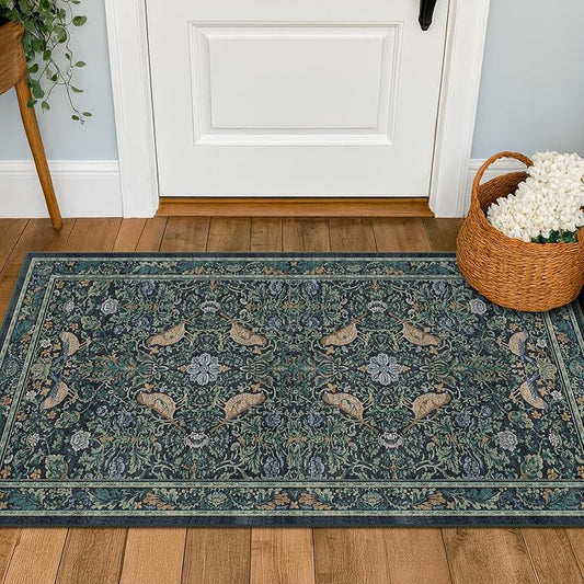 Hazo Haus Washable Floral Small 2x4 Thin Door Mats for Inside Entry, Dark Blue Bird Non Slip Kitchen Rug, Low Pile Bathroom Rug, Traditional Carprt for Bedroom Besdide Bed