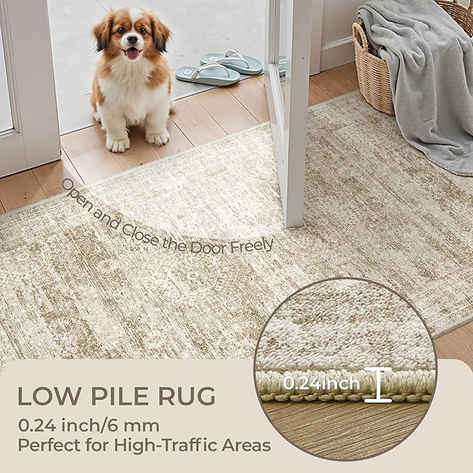 5x7 Area Rugs, Ultra-Thin Washable Rugs for Living Room, Anti-Slip Backing Area Rug for Bedroom, Soft Abstract Vintage Home Decor Rug for Dining Room(5'x7', Brown/Ivory)