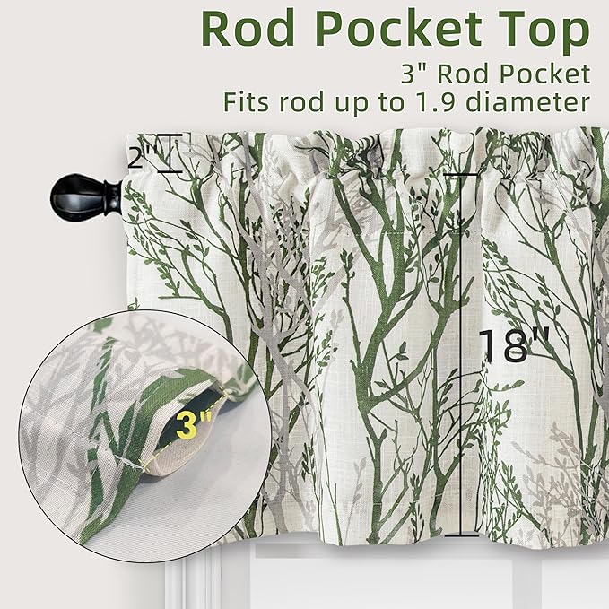Driftaway Tree Branch Linen Lined Valance Double Layer Thermal Insulated Room Darkening Blackout Valances 3 Inch Rod Pocket Short Window Valance for Living Room Bathroom 52 Inch by 18 Inch Loden Green