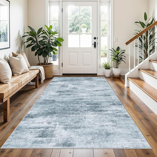 4x8 Washable Area Rug – Non-Slip Rubber Backed Indoor Rug for Entryway, Kitchen, Hallway | Modern Abstract Neutral Low Pile Thin Floor Mat for Bedroom, Living Room, Office (Blue Grey)