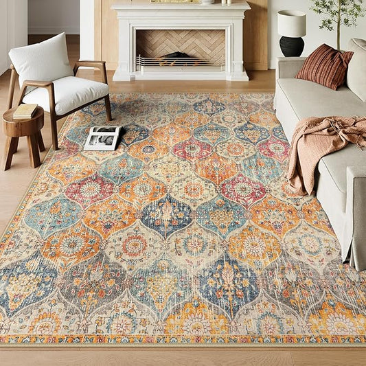 Lahome Moroccan Washable Area Rugs 9x12 Living Room, Soft 9x12 Area Rug for Bedroom, Oriental Non-Slip Non Shedding Throw Large Carpet for Dining Room Office Elise, Cream/Multi
