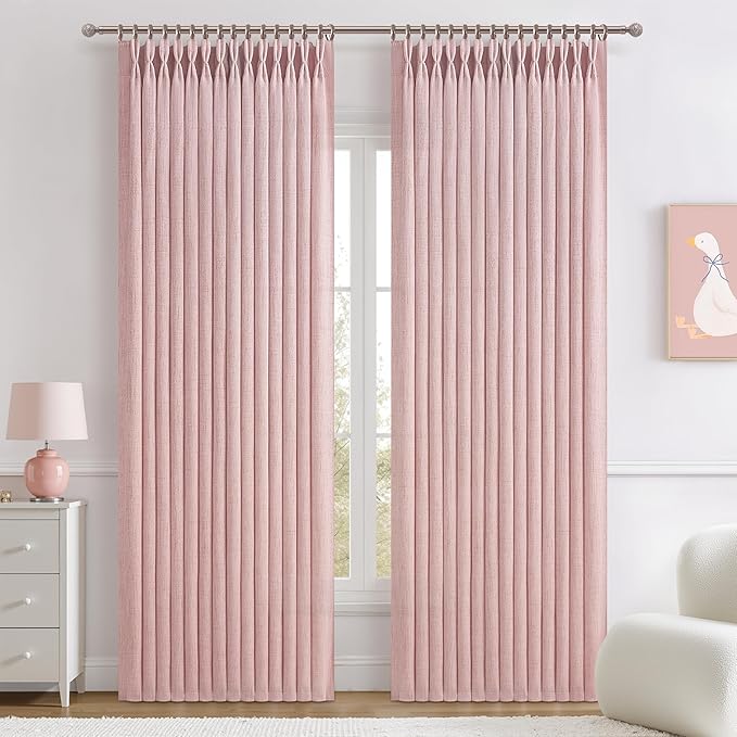 Cute Baby Pink Memory Trained Pinch Pleated Curtains 84 Inch Length 2 Panels Set for Girl Room Nursery, Linen Blend Light-Pink Princess Semi Sheer Light Filtering Living Room Drapes Back Tab 40Wx84L