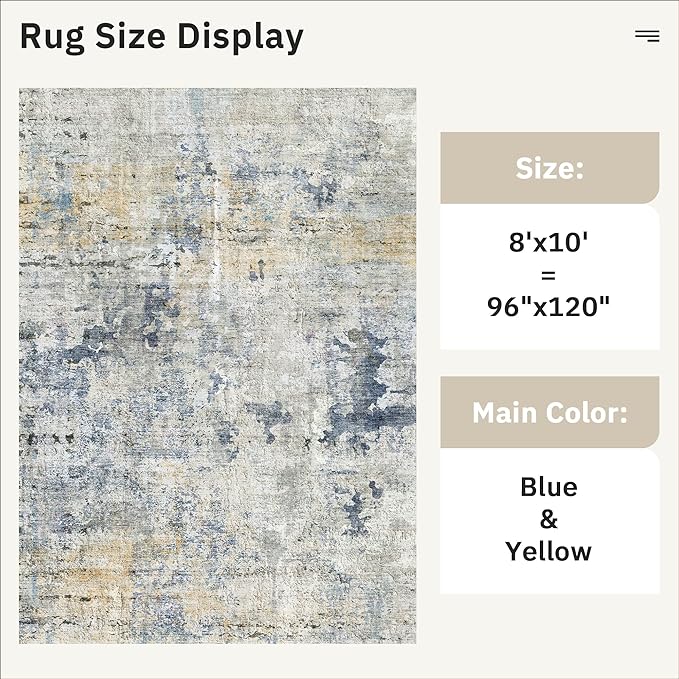 Soalmost Abstract Rug 8x10 Large Living Room Rugs Neutral Modern Washable Area Rugs for Bedroom Dining Room Non-Slip Stain Resistant Foldable Thin Rug Blue Yellow
