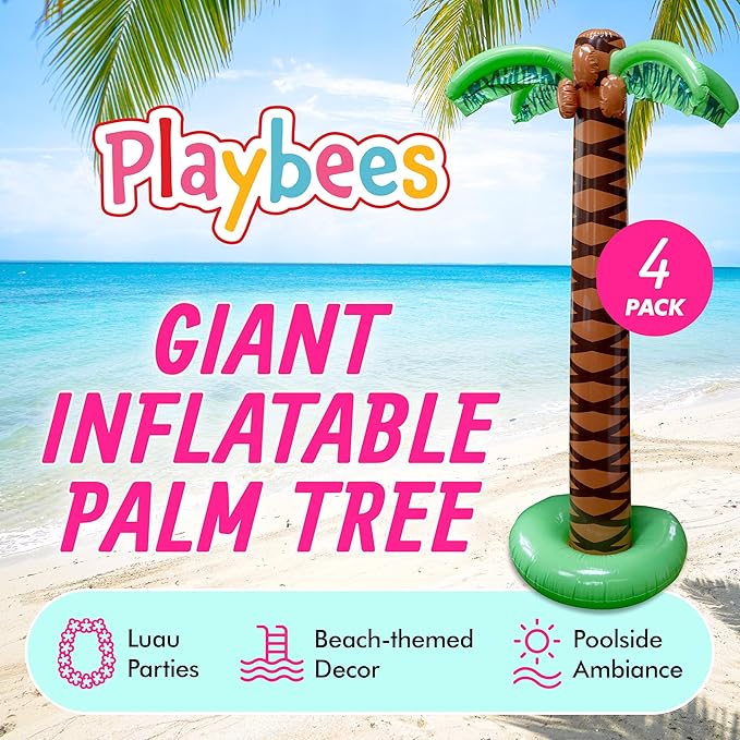Playbees Giant Inflatable Palm Tree 6 Foot - 4PK - Beach Party Decorations for Summer Luau Themed Pool Party, Tropical Hawaiian Blow Up Palm Tree Favors - Poolside Ambiance, Easy Inflation