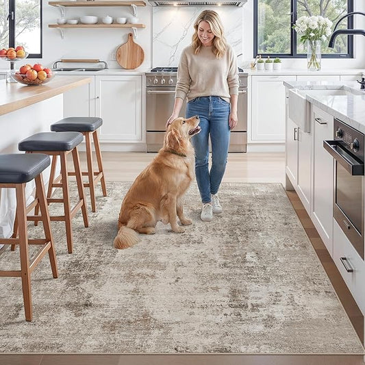 ZHXXUJ Washable 6x6 Square Area Rug – Non Slip Modern Abstract for Kitchen Dining Room Living Room – Low Pile Thin Soft Indoor Rug (Beige Grey)