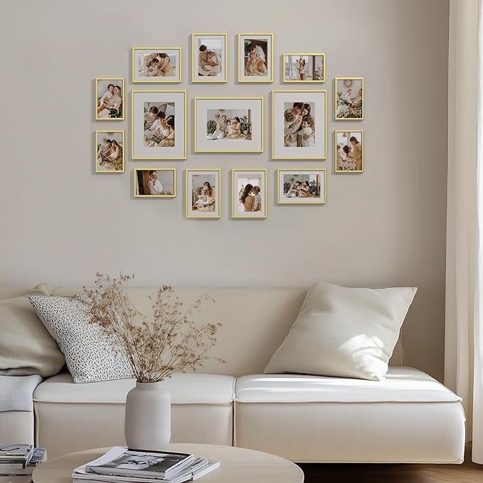 eletecpro Aluminum Gallery Wall Frame Set of 15, Including 3Pcs 8x10, 6Pcs 5x7, 6Pcs 4x6 Photo Frames for Wall or Tabletop Display, Multiple Sizes Picture Frames Collage Wall Decor, Gold