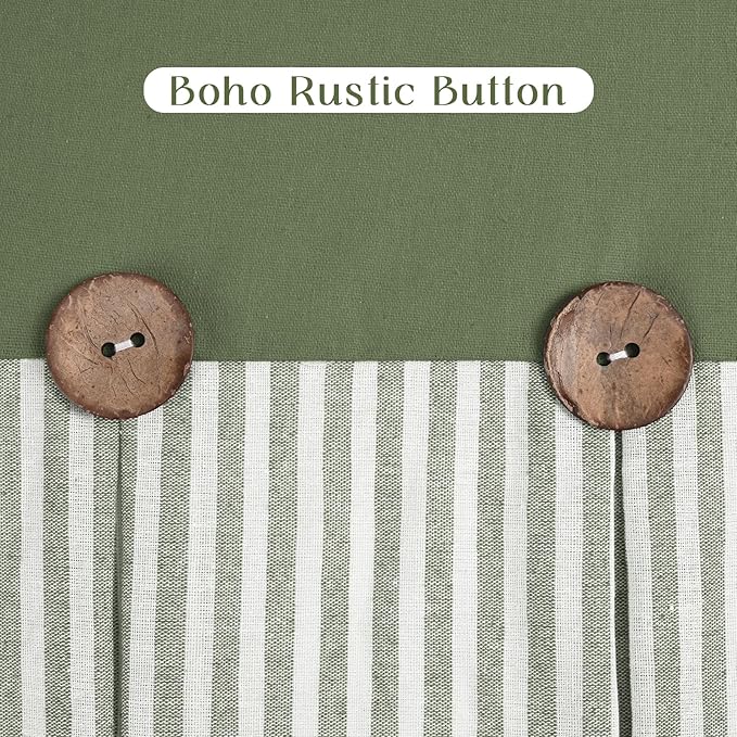ASPMIZ Farmhouse Cotton Linen Valances for Windows, Boho Kitchen Curtains Valances with Rustic Button, Green Striped Window Treatments Curtain Valance for Bathroom Cafe, 60 x 14 Inch, 1 Pannel