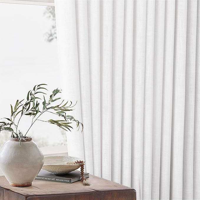 TWODRAPES Extra Wide 108 Inch Long Curtains 70 Inch Wide Pinch Pleat Linen Curtains for Living Room Bedroom Light Filtering Privacy Pleated Drapes Hooks Rings Back Tab for Sliding Door White 1 Panel