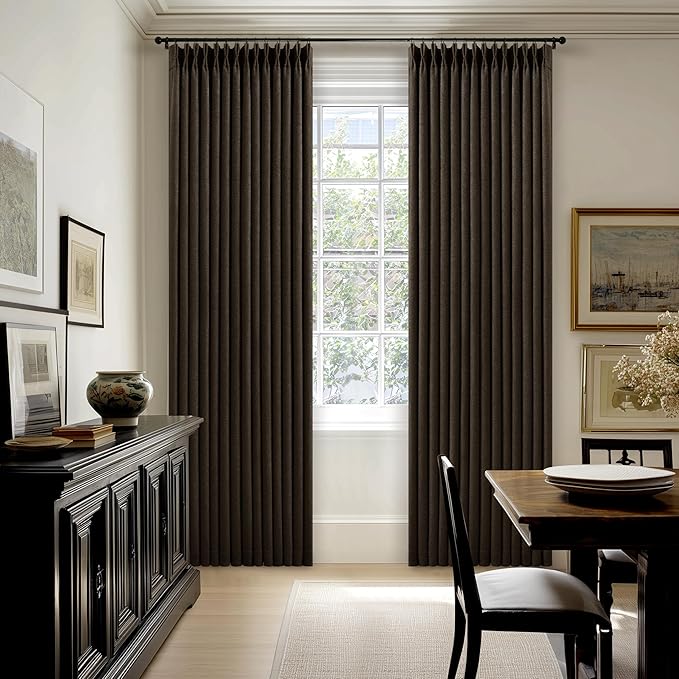 Dark Brown Pleated Double Layer Thick Linen Curtains 90 Inches Long for Bedroom Living Room Memory Trained Pinch Pleat 100% Blackout Thermal Noise Blocking Rustic Windows Drapes 2 Panels Set