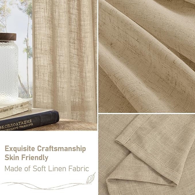 LAMIT 40 inch Small Window Linen Curtains 2 Panels, Semi Sheer Light Filtering Panels Back Tab and Rod Pocket Neutral Drapes for Basement/Loft Room/Cafe, 34 x 40 Inch