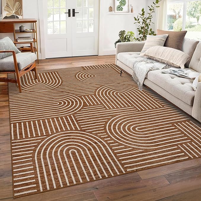 ROYHOME Washable Rug 8x10 Area Rugs for Living Room, Abstract Rug for Bedroom, Soft Rainbow Non Slip Throw Rugs With Rubber Back, Low Pile Stain Resistant Boho Geometric Carpet for Dining Room, Copper